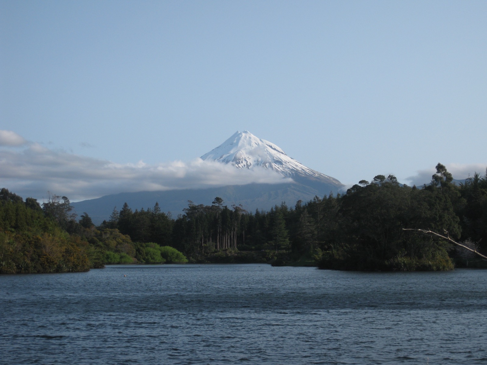 Lake Mangamahoe with Taranaki Maunga behind the water